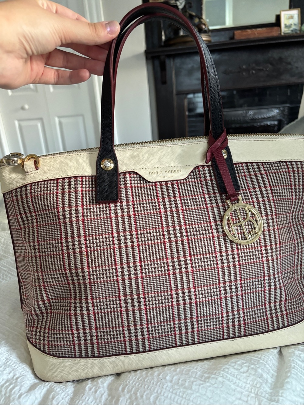 Henri Bendel West 57th St Plaid Houndstooth Fabric Leather Bag Satin Interior